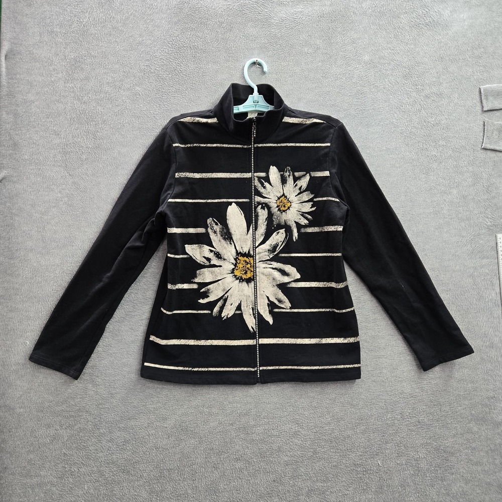 Jess & Jane Women Jacket M Black Floral Striped Daisy Flowers Rhinestones